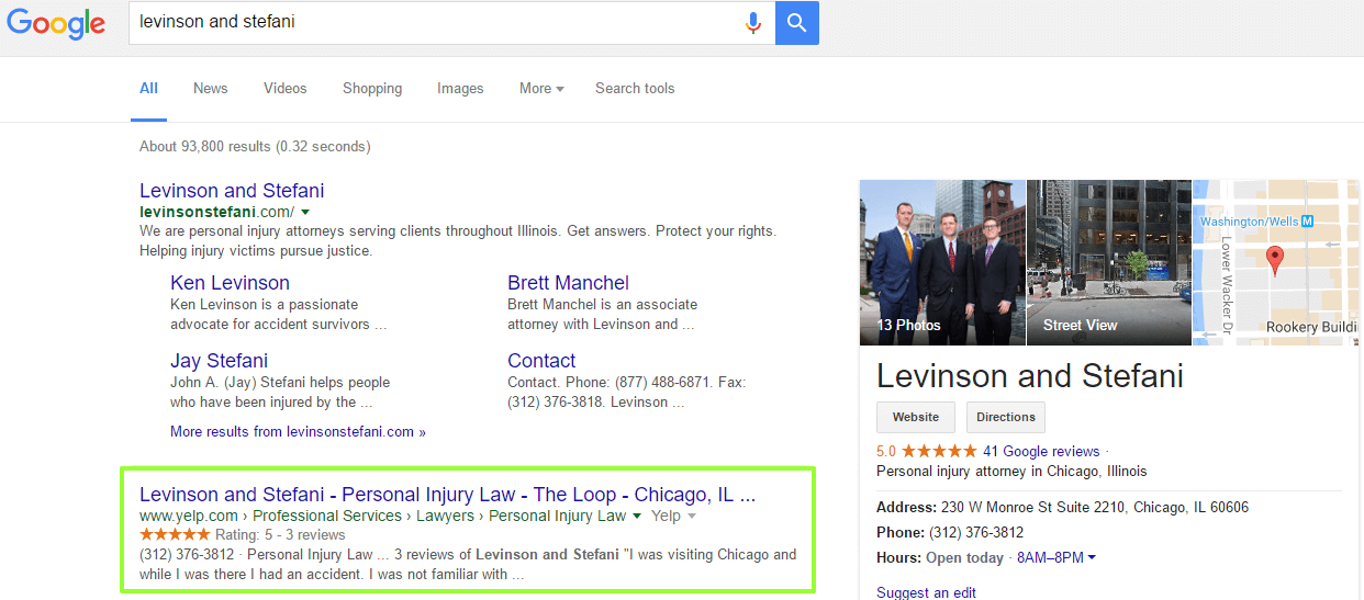 Google lawyer search with yelp result