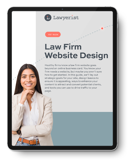 Lawyerist's Law Firm Website Design digital guide cover, including information on seo for lawyers, content marketing, and the importance of referrals.