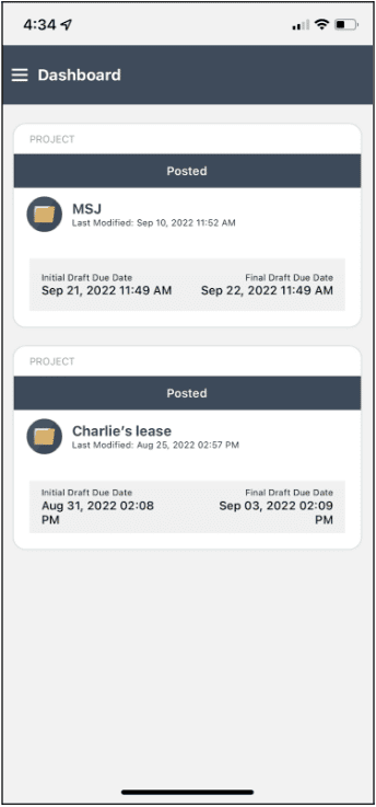 LAWCLERK mobile app image showing two examples of job postings listed on the app screen, with project names and due dates. 