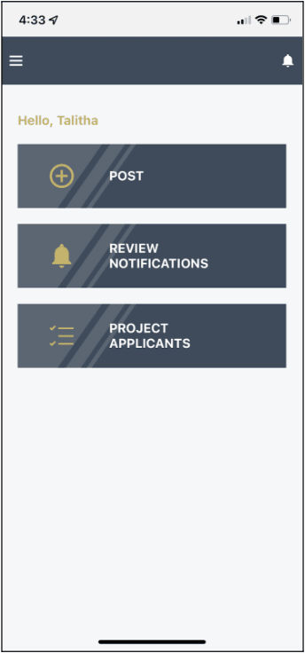 LAWCLERK mobile app image showing "Post," "Review Notifications," and "Project Applicants." 