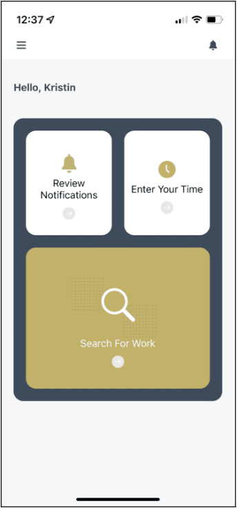 Mobile app view of LAWCLERK app showing "Review Notifications," "Enter Your Time," and "Search for Work."