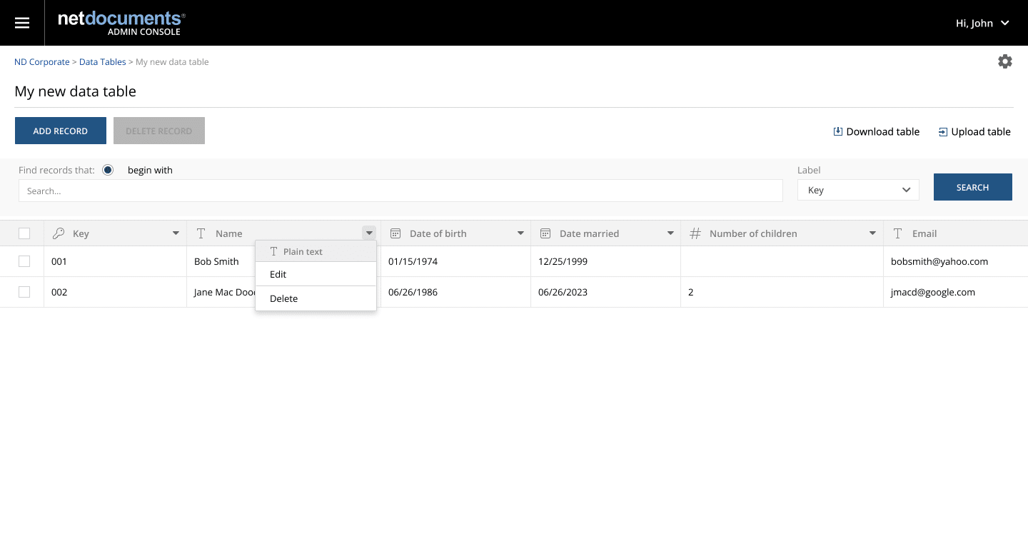 Screenshot of NetDocuments Data Tables