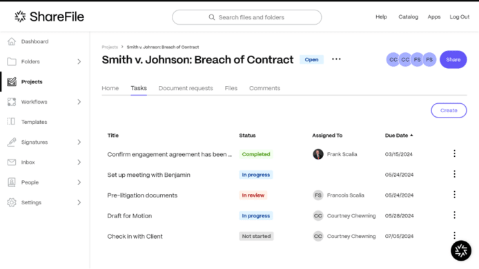 A screenshot of the ShareFile web portal showing a breach of contract matter with tasks in different stages of completion