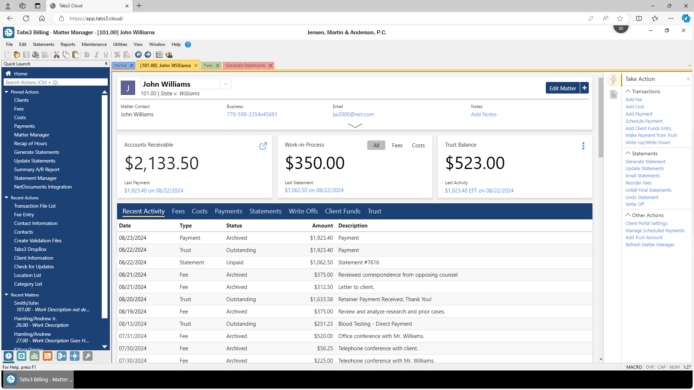 Screenshot of Tabs3 Cloud, showing the dashboard of a matter