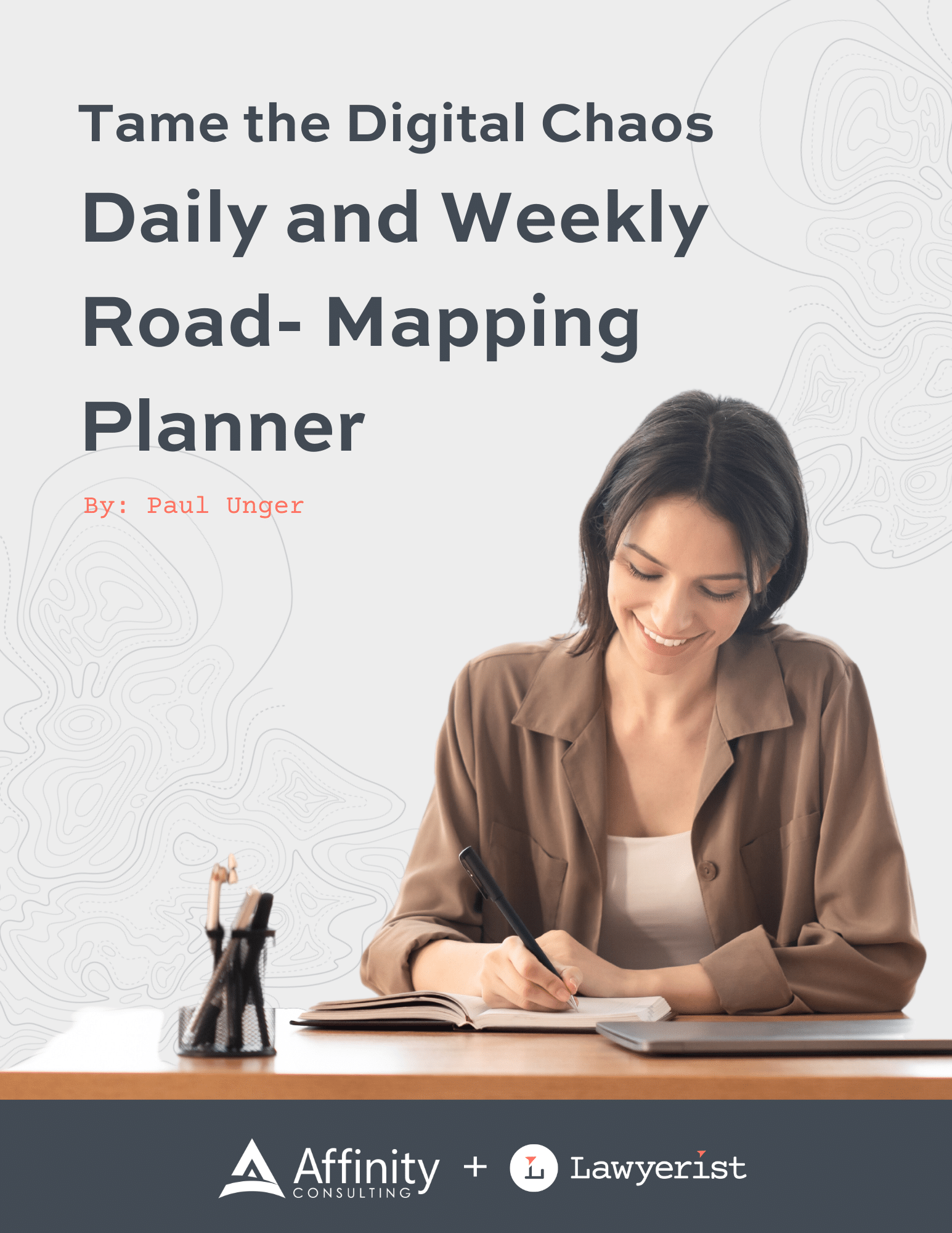 Tame the Digital Chaos Planner cover featuring a woman writing in a notebook